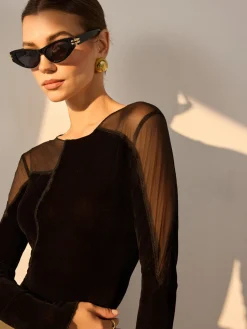 Asymmetrical Mesh-Detail Velvet Top