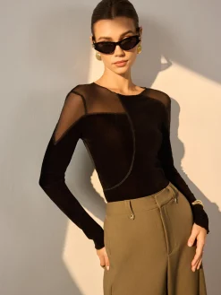 Asymmetrical Mesh-Detail Velvet Top