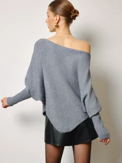 Asymmetrical Neck Leg-Of-Mutton Sleeve Sweater