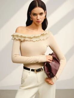 Asymmetrical Neck Lettuce Trim Jersey Top