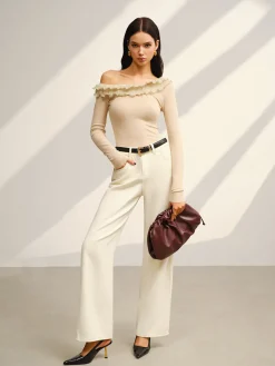 Asymmetrical Neck Lettuce Trim Jersey Top