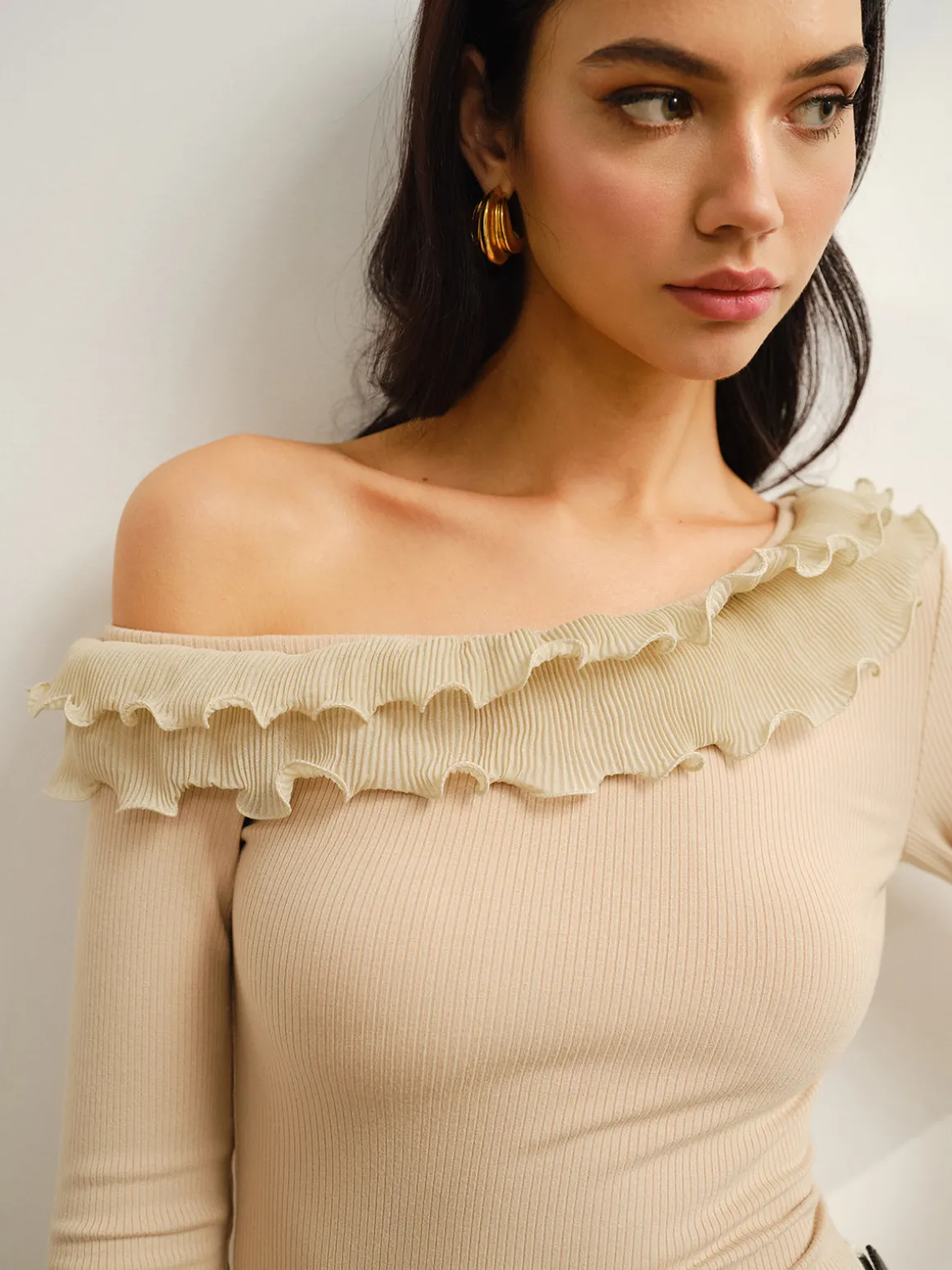 Asymmetrical Neck Lettuce Trim Jersey Top