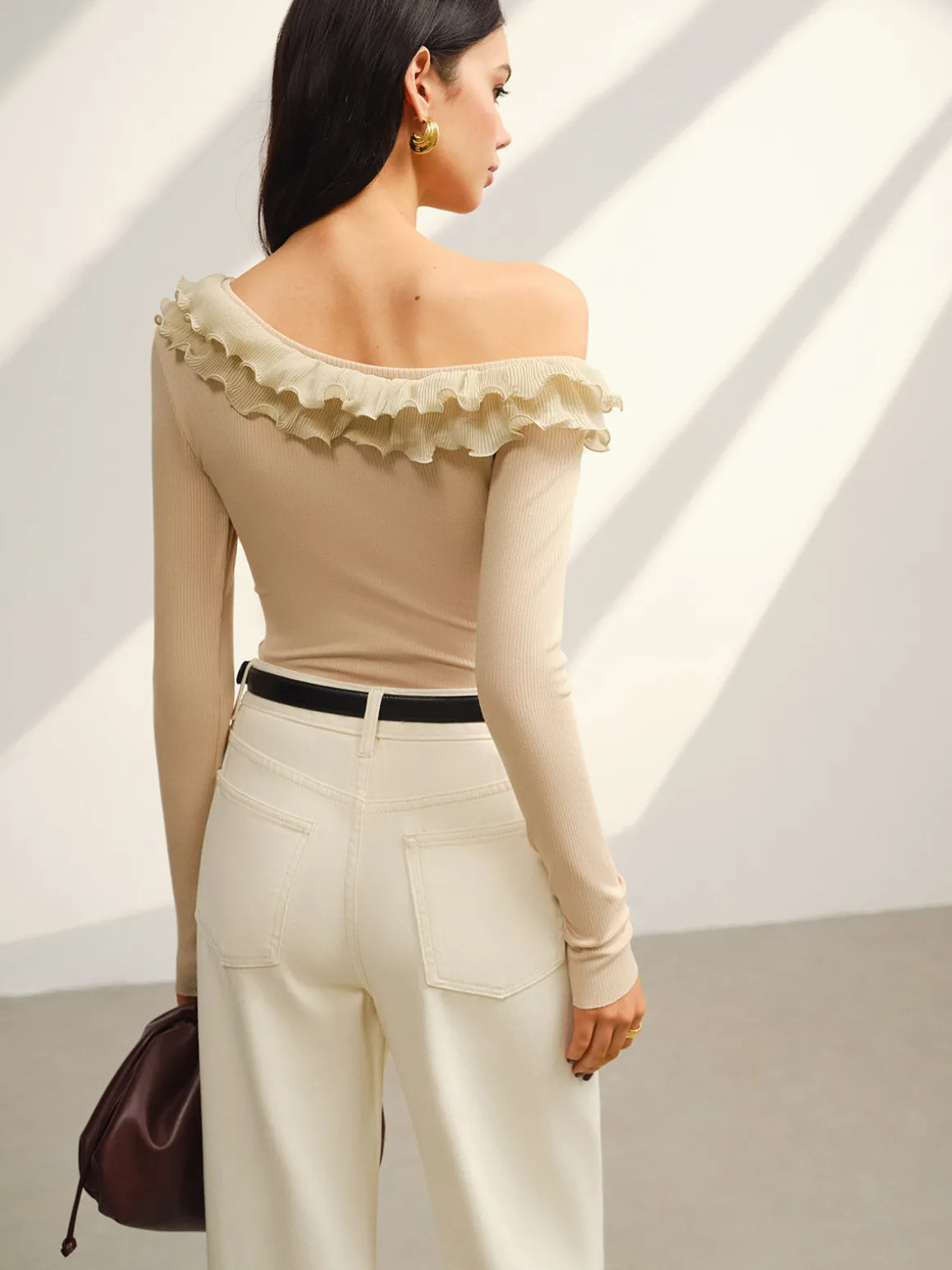 Asymmetrical Neck Lettuce Trim Jersey Top
