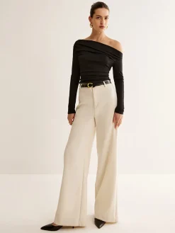 Asymmetrical Neck Pleated Long Sleeve Top