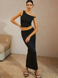 Asymmetrical Neck Ruched Top & Split Maxi Skirt Set