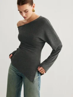 Asymmetrical Neck Slit Cinched Top