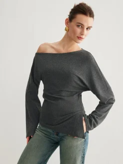 Asymmetrical Neck Slit Cinched Top