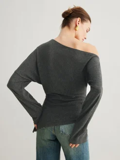 Asymmetrical Neck Slit Cinched Top