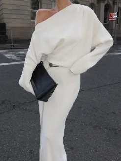 Asymmetrical Off Shoulder Solid Long Sleeve Maxi Dress