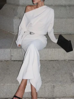 Asymmetrical Off Shoulder Solid Long Sleeve Maxi Dress