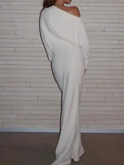 Asymmetrical Off Shoulder Solid Long Sleeve Maxi Dress