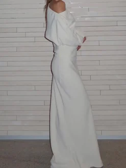 Asymmetrical Off Shoulder Solid Long Sleeve Maxi Dress
