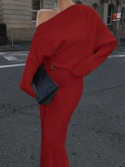 Asymmetrical Off Shoulder Solid Long Sleeve Maxi Dress