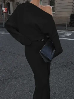 Asymmetrical Off Shoulder Solid Long Sleeve Maxi Dress