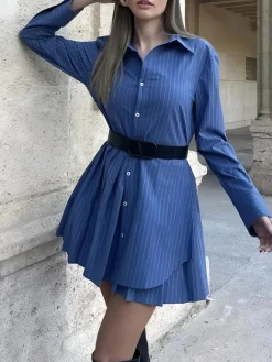 Asymmetrical Pinstripe Pleated Lapel Dress