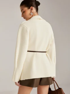 Asymmetrical Plain Belted Knit Outerwear