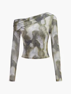 Asymmetrical Printed Crop Mesh Top