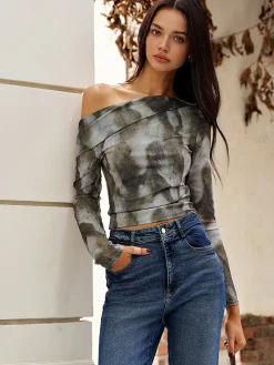 Asymmetrical Printed Crop Mesh Top