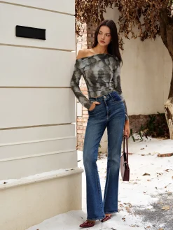 Asymmetrical Printed Crop Mesh Top