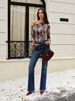 Asymmetrical Printed Crop Mesh Top