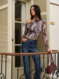 Asymmetrical Printed Crop Mesh Top