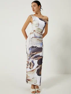 Asymmetrical Printed Off-Shoulder Slim Long Dress