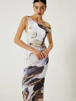 Asymmetrical Printed Off-Shoulder Slim Long Dress