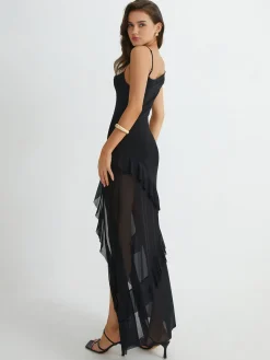 Asymmetrical Ruffle Net Long Dress