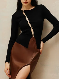 Asymmetrical Split Button Knit Top