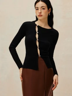 Asymmetrical Split Button Knit Top