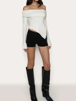 Asymmetrical Split Off Shoulder Floral Cable Knit Top