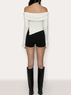 Asymmetrical Split Off Shoulder Floral Cable Knit Top