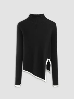 Asymmetrical Trim Mock Neck Sweater