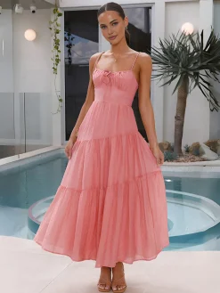 Back Smocking Design Tiered Cami Long Dress