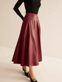 Back Zipper Pleated Faux Leather Skirt