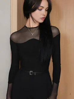 Back Zipper Sheer Panel Blouse