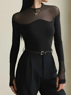 Back Zipper Sheer Panel Blouse