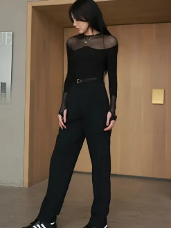 Back Zipper Sheer Panel Blouse