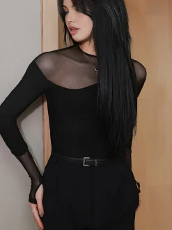 Back Zipper Sheer Panel Blouse