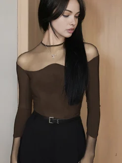 Back Zipper Sheer Panel Blouse