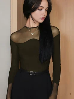 Back Zipper Sheer Panel Blouse