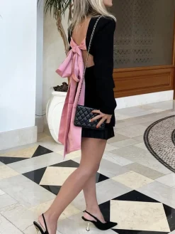 Backless Botton Bow Short Dress