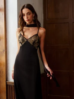 Backless Long-Ribbon Lace Panel Satin Cami Dress