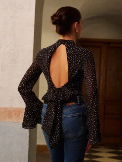 Backless Polka Dot Bow Chiffon Shirt