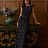 Backless Velvet-Floral Pleated Skirt Set