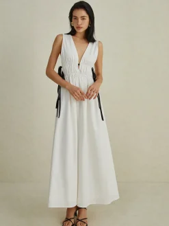 Backless V-neck Drawstring Long Dress