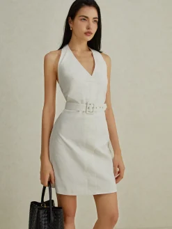 Backless V-Neck Short Dress With Belt