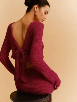 Backless Waffle Bow Knit Short Dress