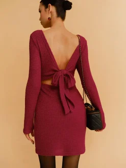 Backless Waffle Bow Knit Short Dress