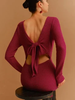 Backless Waffle Bow Knit Short Dress